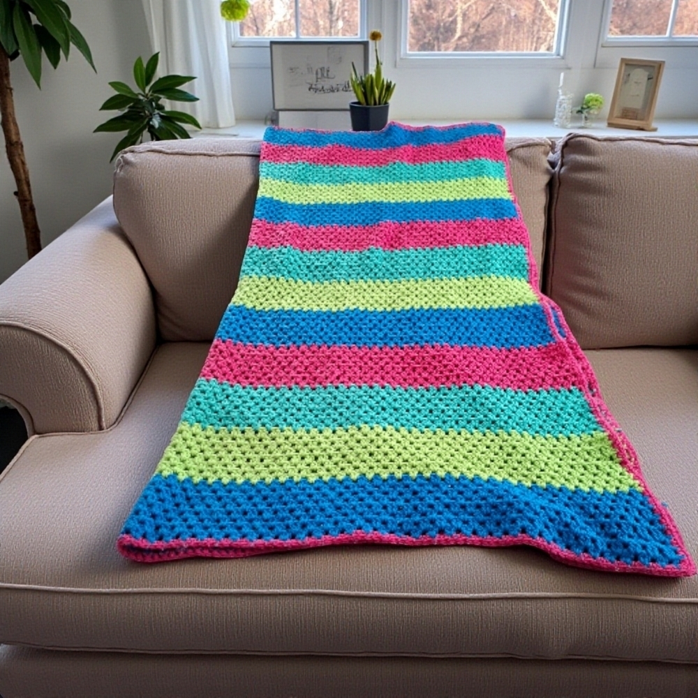 Vintage Handmade Crocheted Heavy Striped Blanket Multicolor Artcraf Blanket